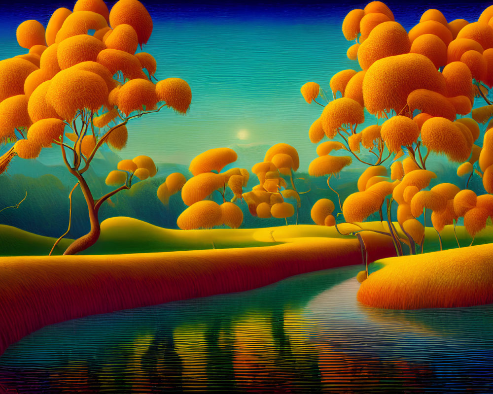 Vibrant orange trees in stylized landscape with moon and river
