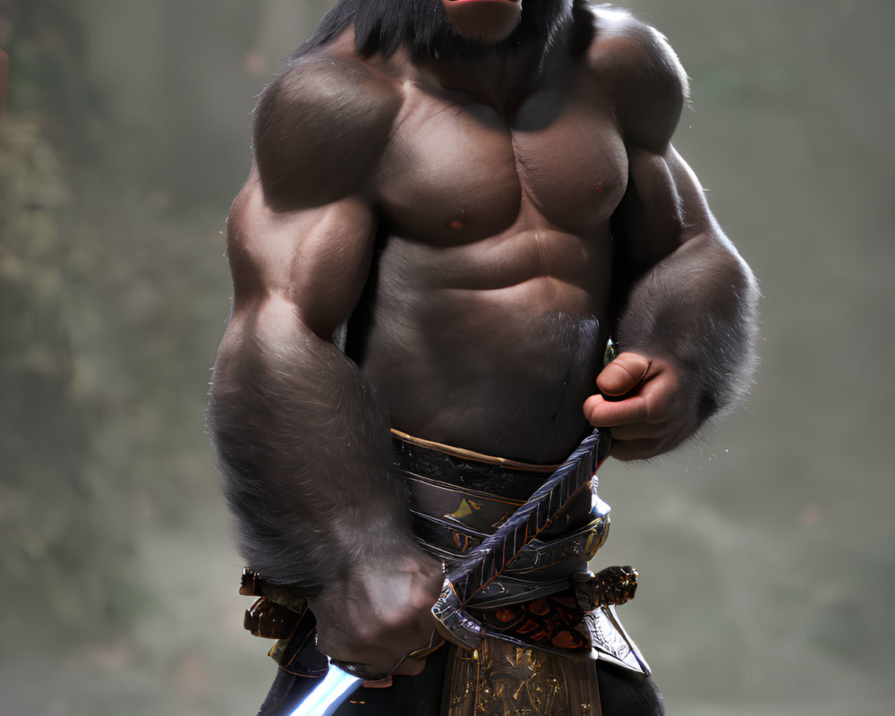 Stern gorilla with blue sword in misty forest