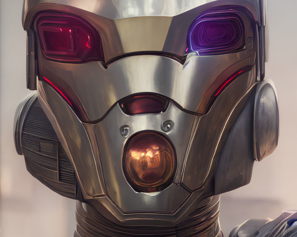 Realistic humanoid robot head with sleek metallic design and red glowing eyes