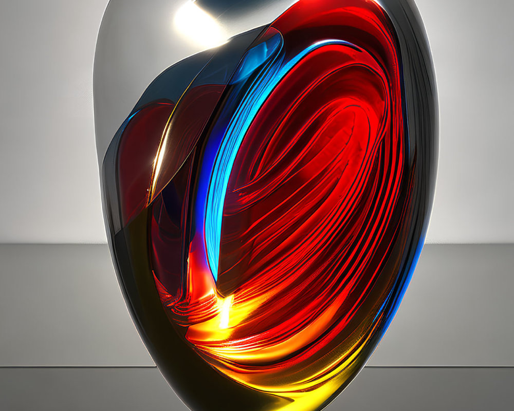 Colorful swirling sculpture encased in clear glass shell