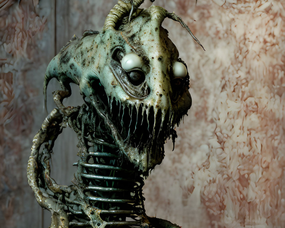 Skeletal creature with large eyes and horned spine on textured backdrop