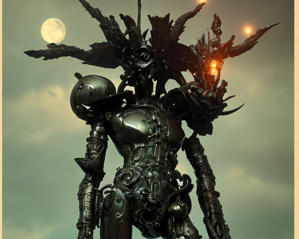 Futuristic robot with intricate armor under moody sky