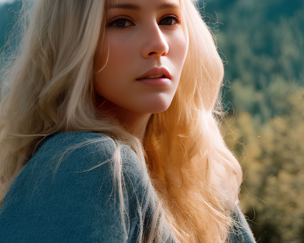 Blonde Woman Portrait in Blue Top with Thoughtful Expression