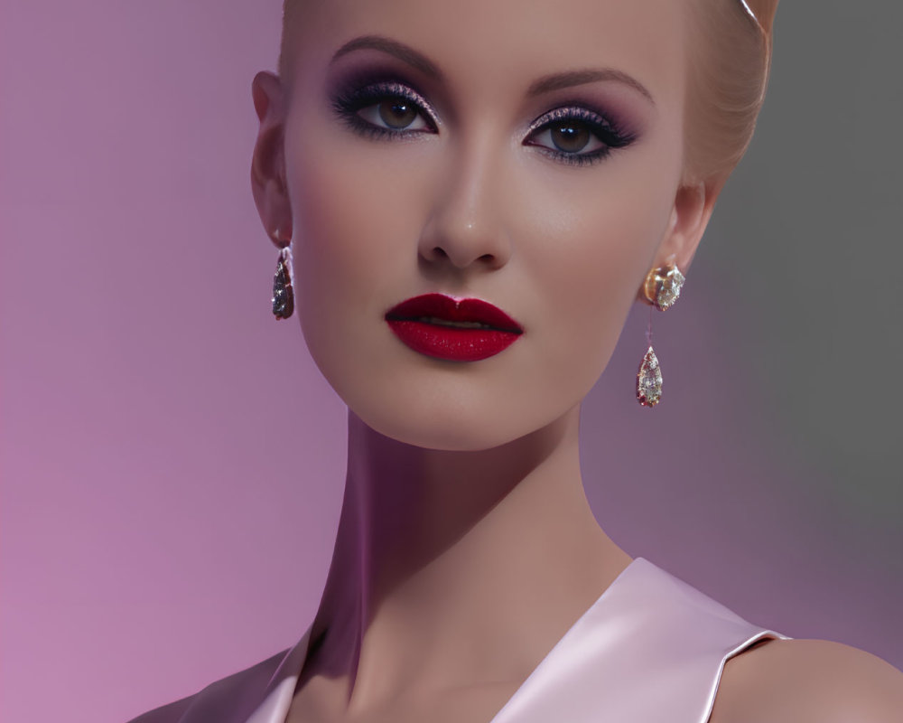 Sleek blonde hair woman portrait with red lipstick and diamond earrings on purple background