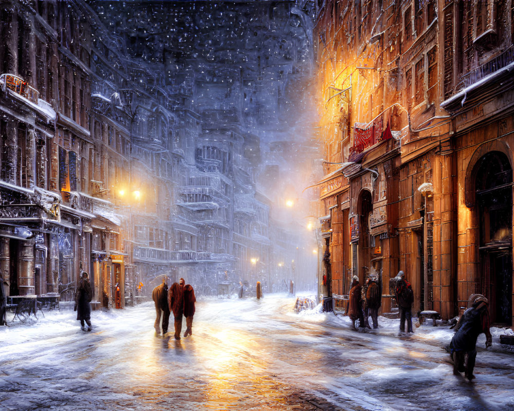 Snowy City Street at Night: People, Buildings, and Falling Snow