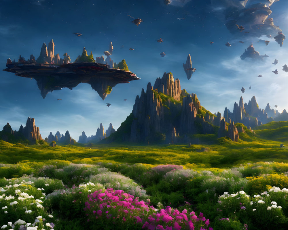 Colorful Fantasy Landscape with Floating Rock Islands