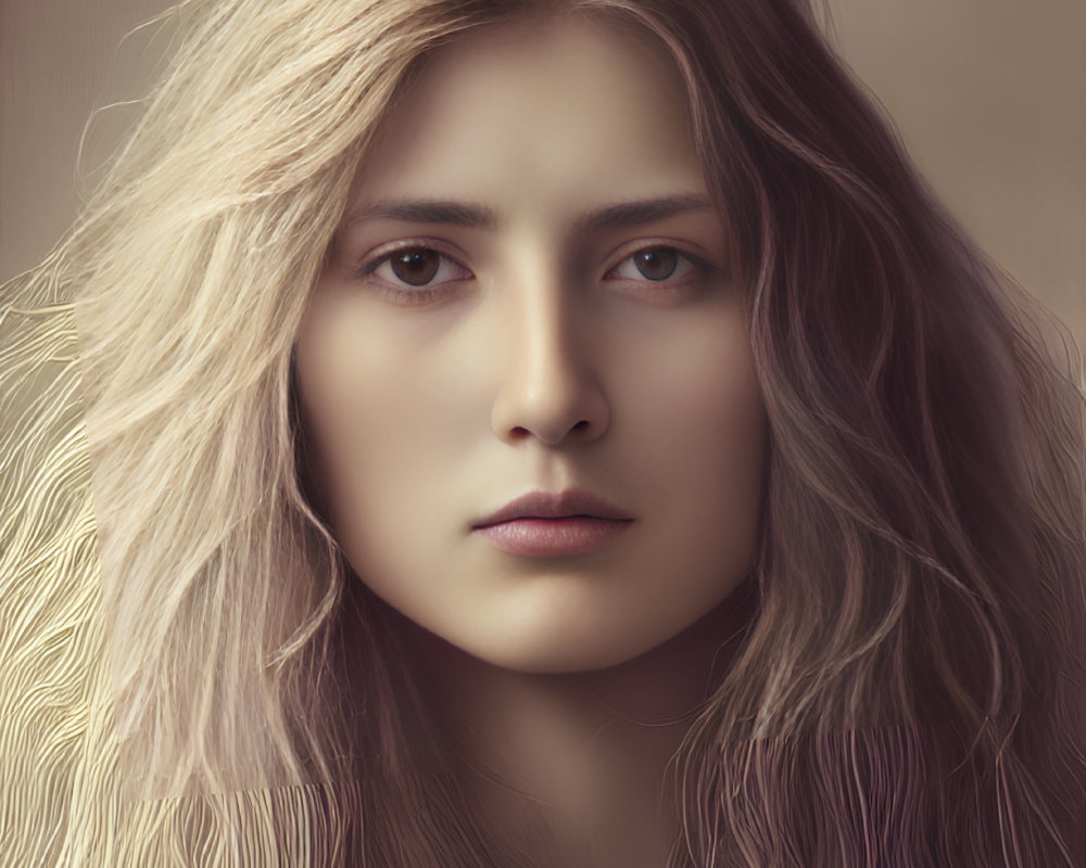 Blonde Woman Portrait with Wavy Hair & Thoughtful Expression