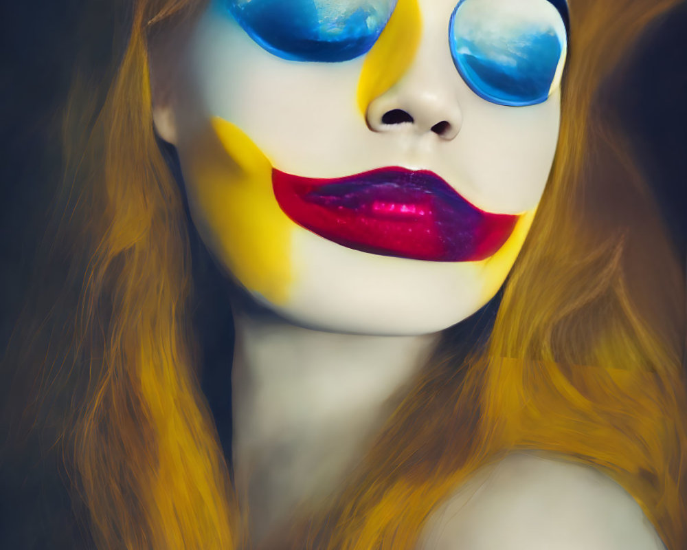 Colorful artistic makeup on woman with red hair on dark background