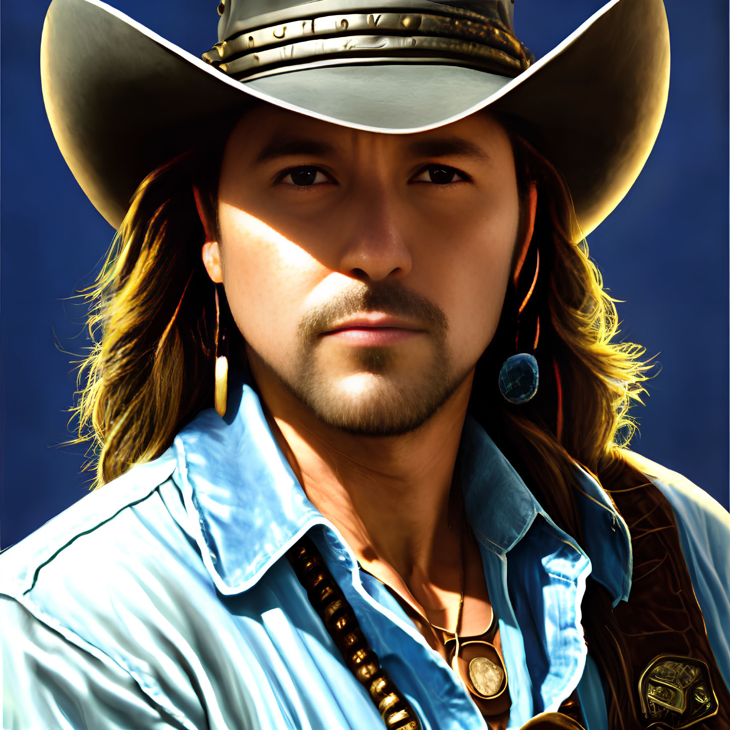 Man in cowboy hat, blue silk shirt, badge, earring, and leather vest embodies western style