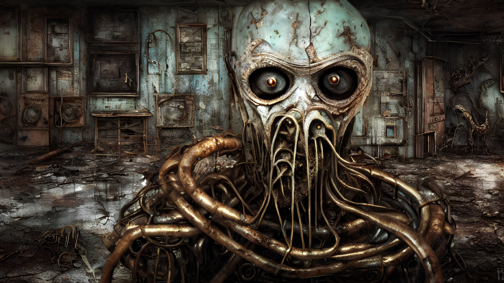 Surreal monstrous entity with skull face and tentacles in industrial setting