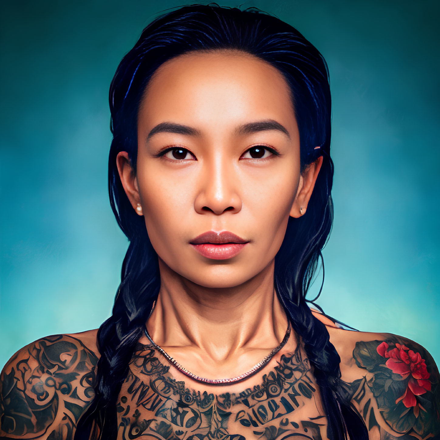 Dark-haired woman with tattoos and necklace on blue background