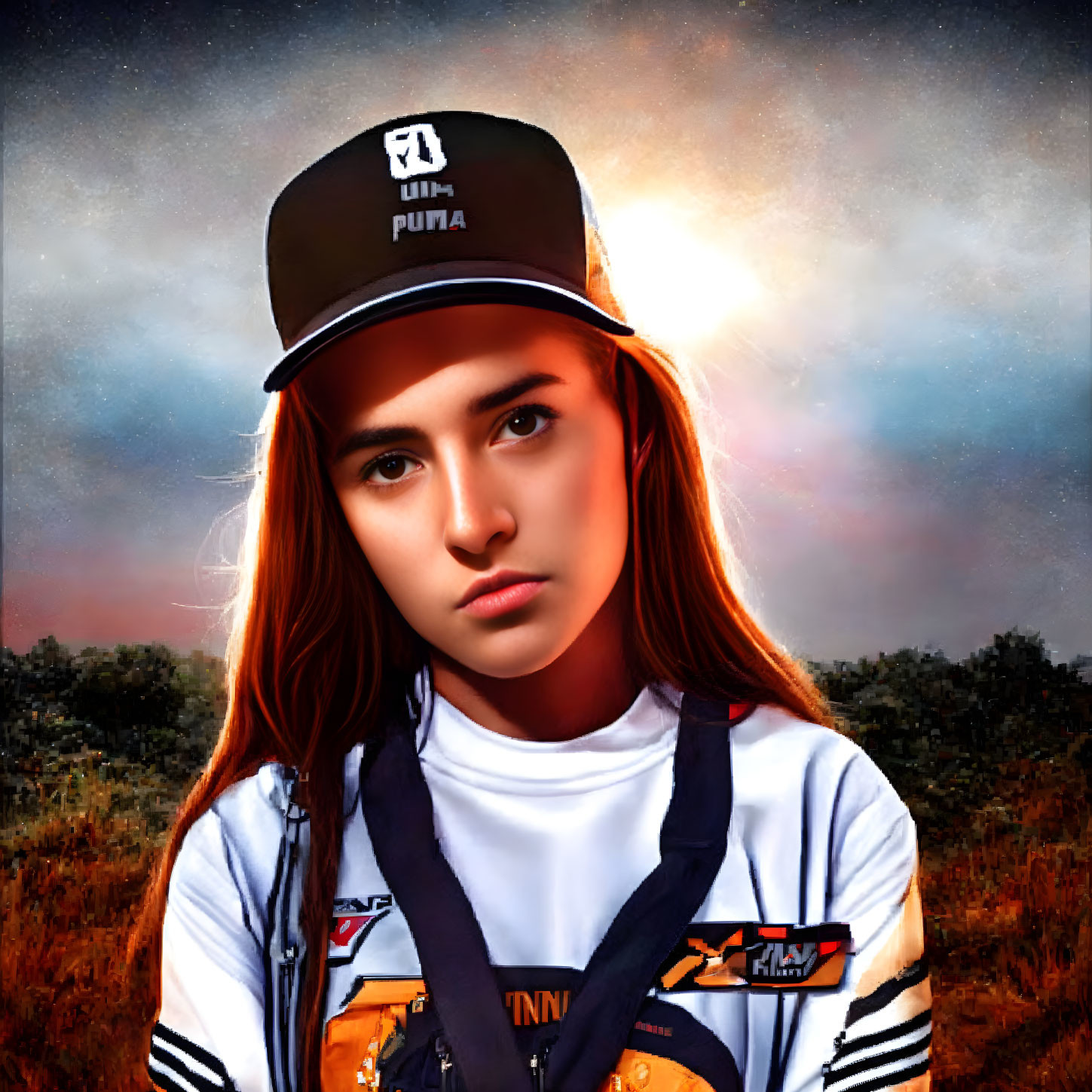 Digital portrait of person with sunset background, cap, white t-shirt with orange accents.
