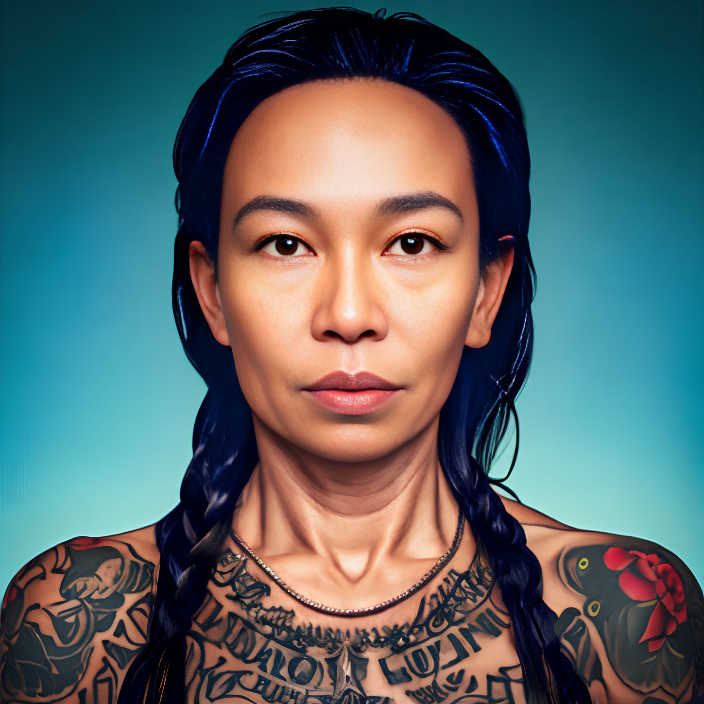 Portrait of person with tattoos and braided dark hair on blue background
