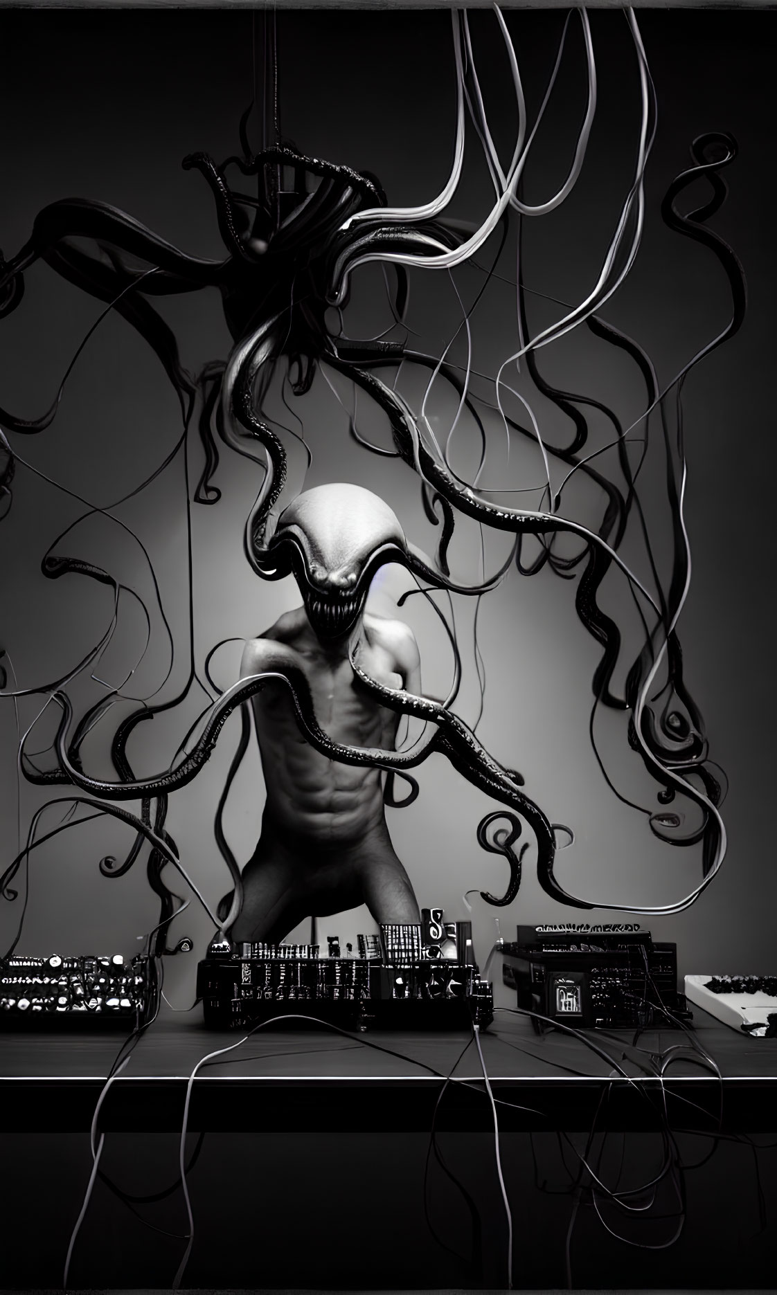 Alien figure with tentacles behind electronic music equipment in monochromatic setup