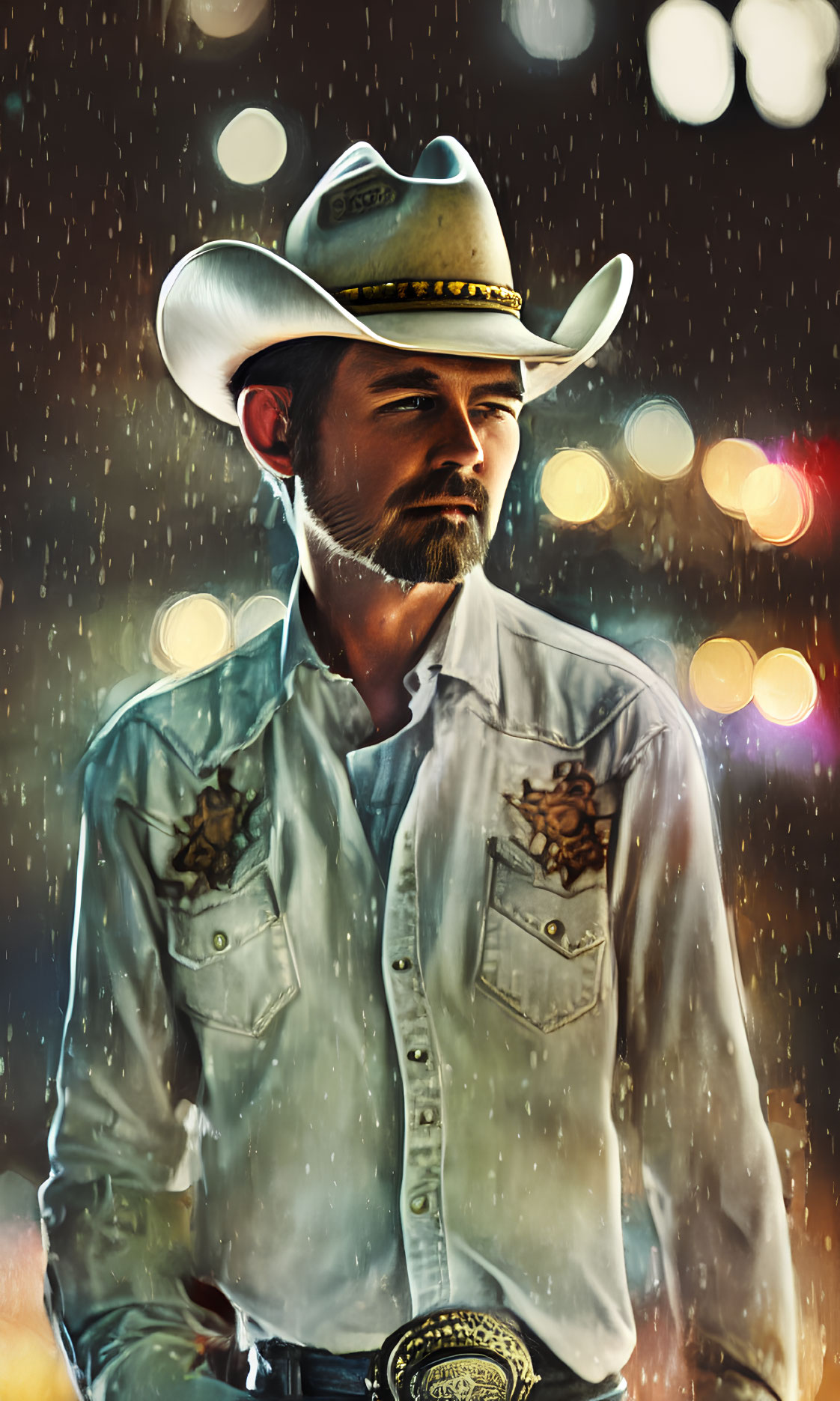 Stylized portrait of man in cowboy hat with bokeh light and raindrops