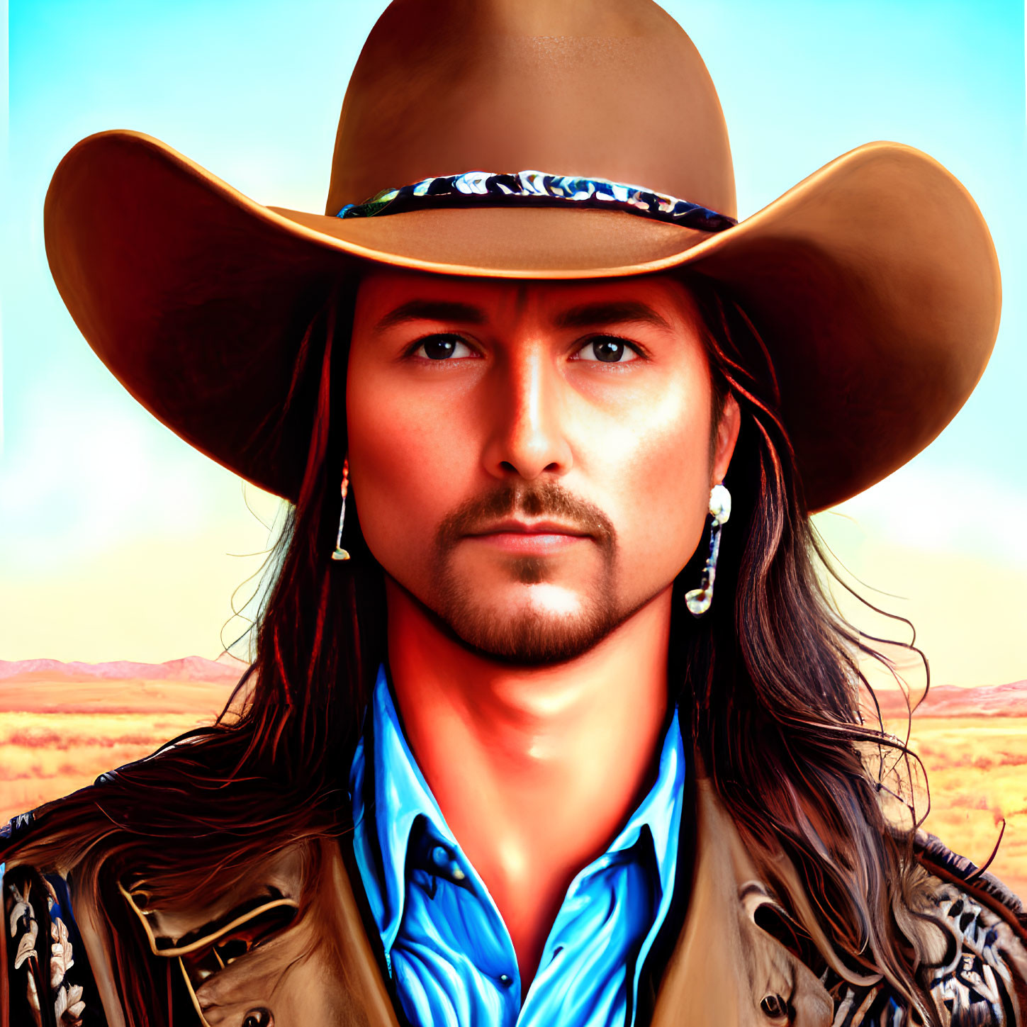 Man with Mustache in Cowboy Hat & Leather Jacket Portrait