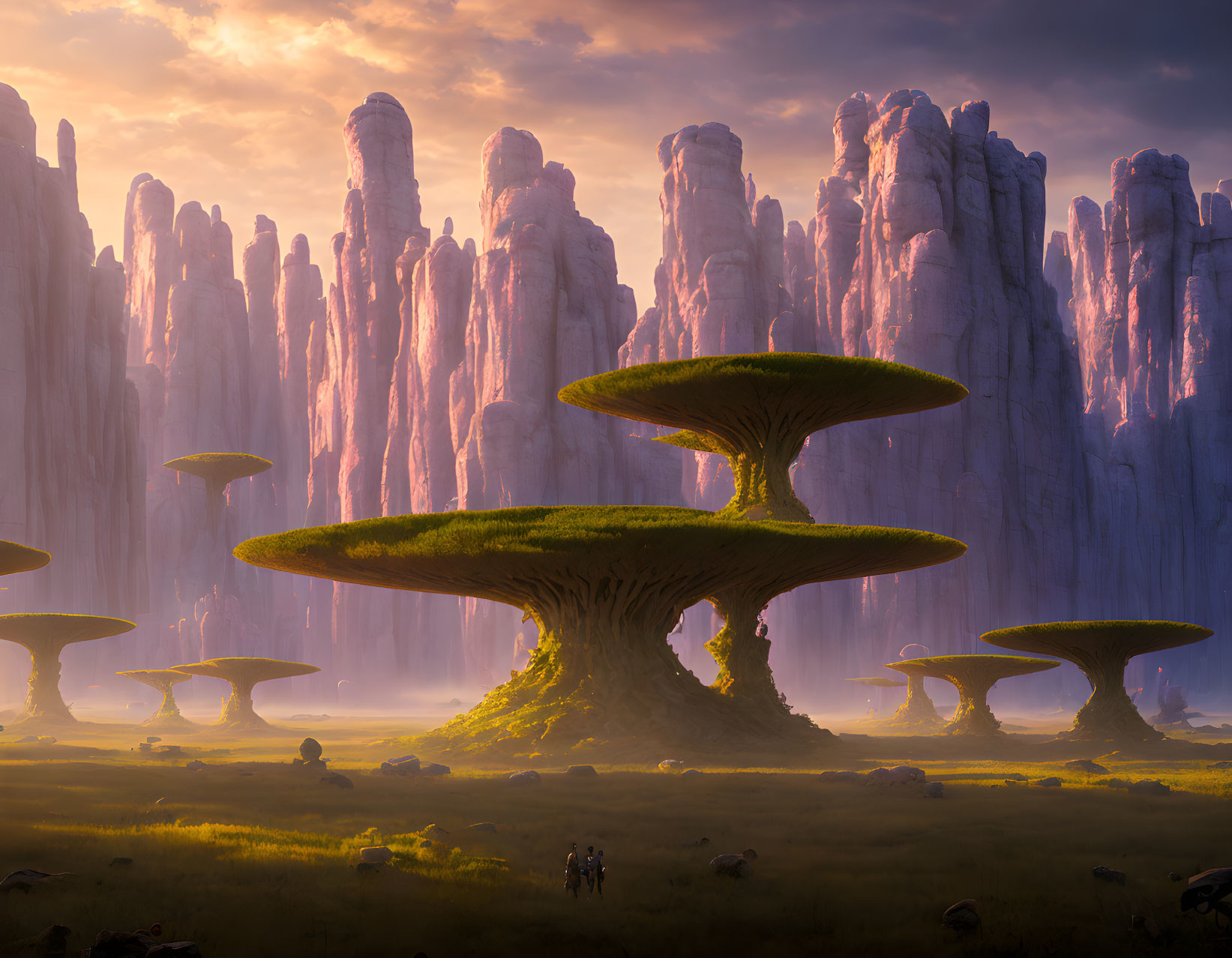 Fantasy landscape with towering rock formations and oversized mushroom-shaped trees
