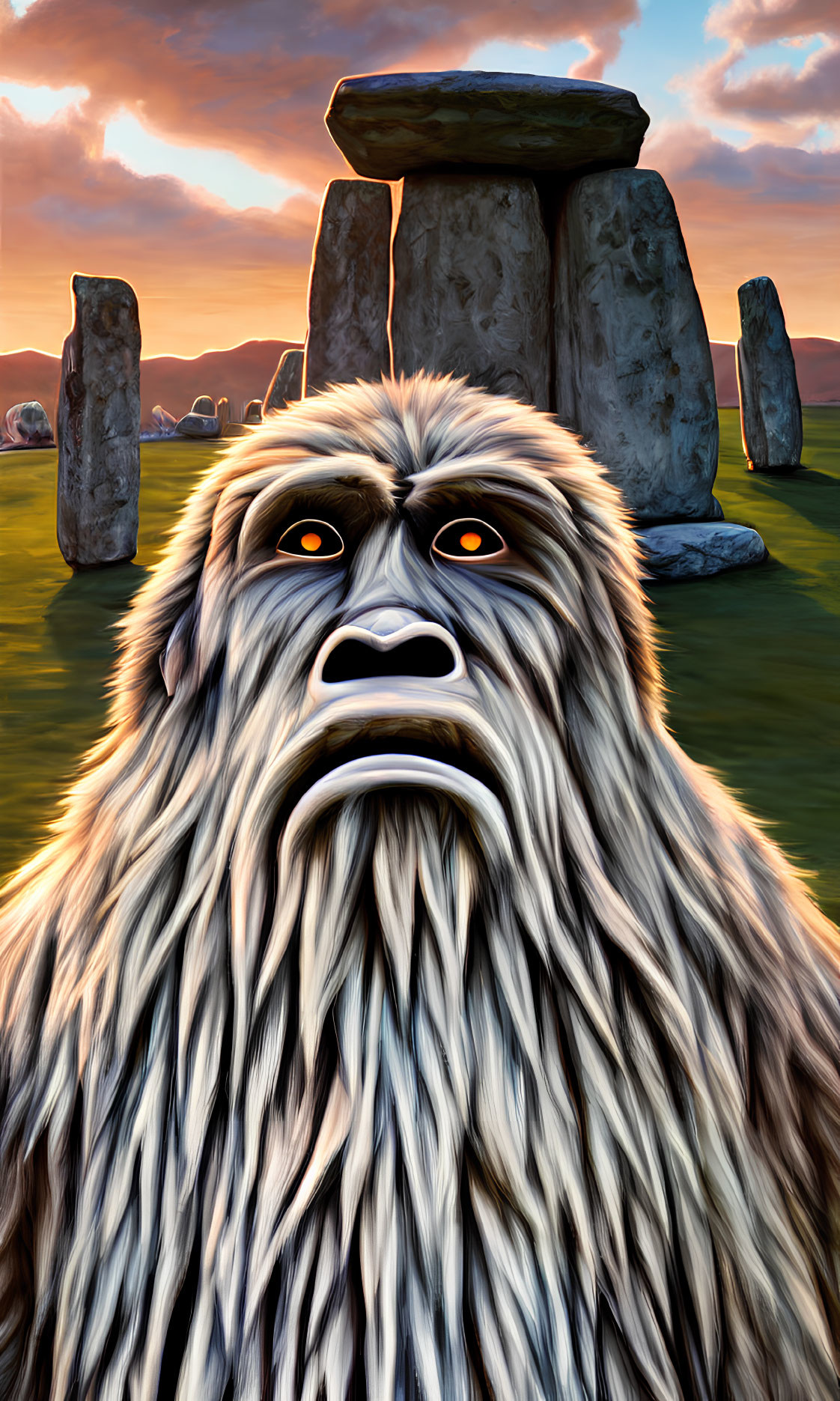 Mystical white-haired creature with orange eyes at Stonehenge sunset