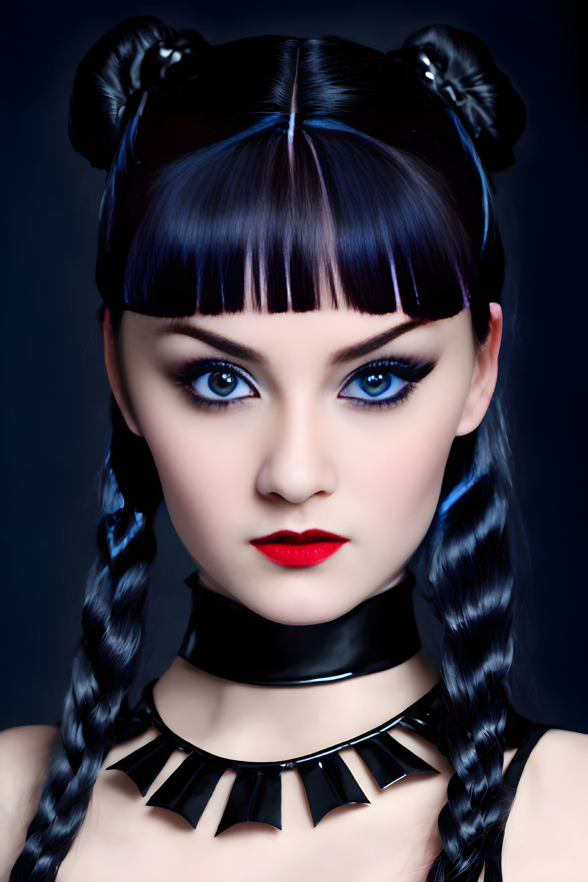 Portrait of a person with blue eyes, blue hair in buns and braids, bold makeup,