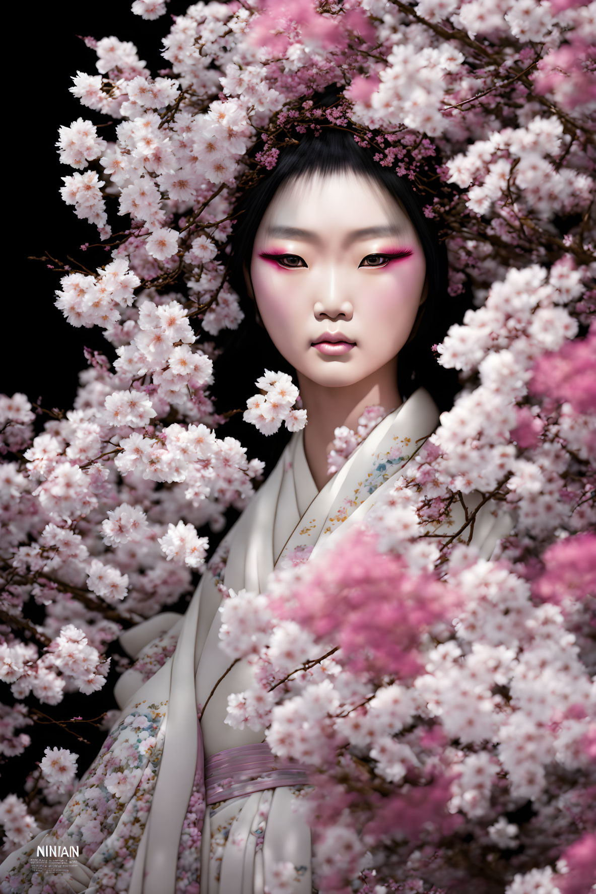 Digital artwork: Woman in East Asian attire with cherry blossoms & red eye makeup