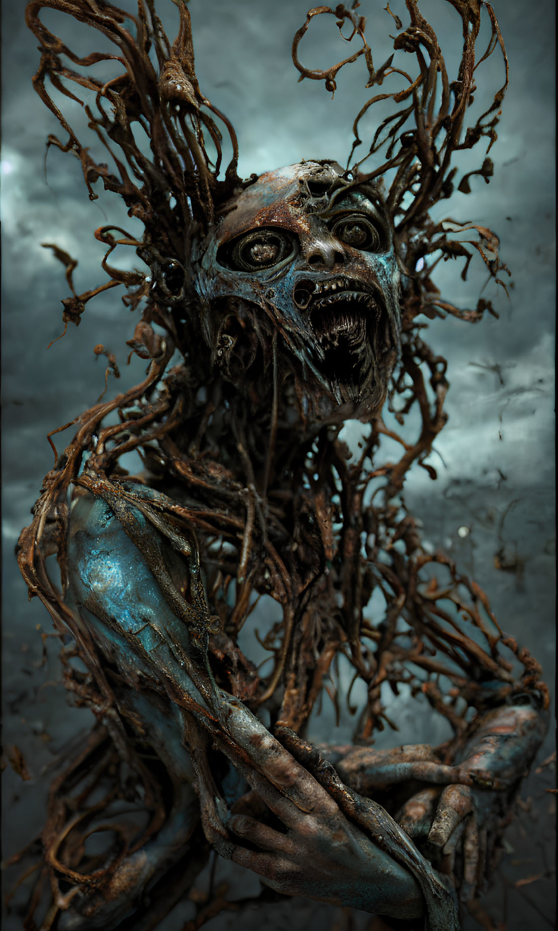 Elongated humanoid figure intertwined with branches on dark background