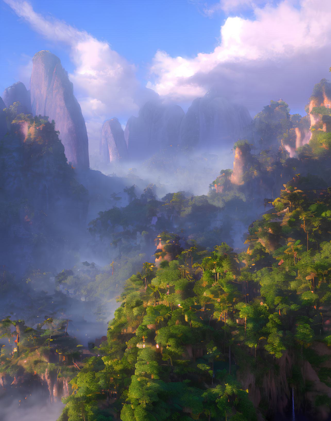 Mystical forest with towering rock formations and ethereal sunlight