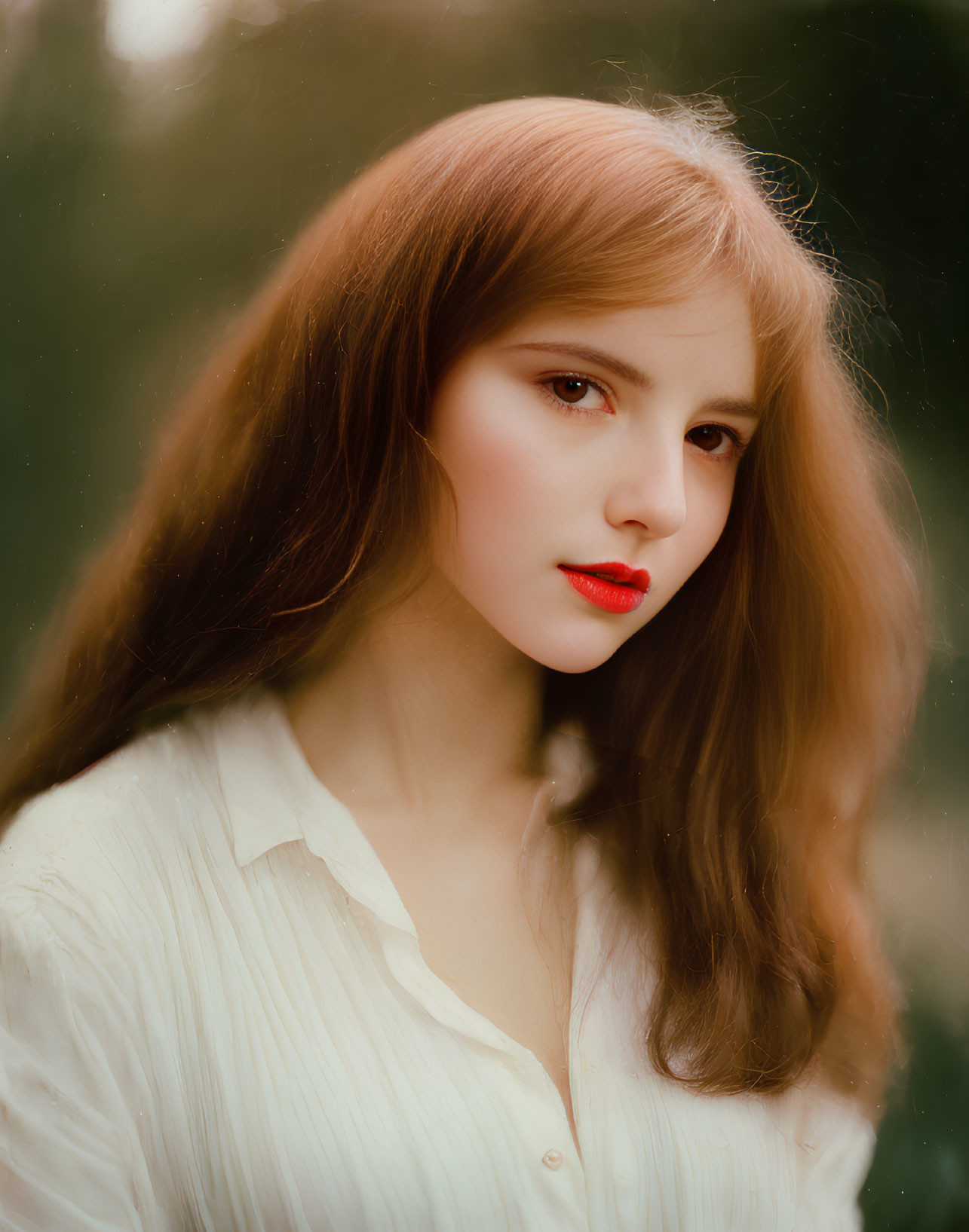 Portrait of young woman with auburn hair, red lipstick, white blouse
