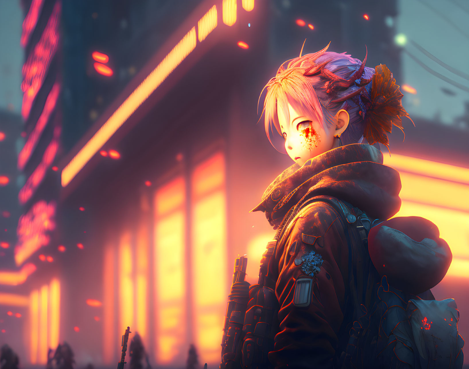 Young person with short hair in neon-lit futuristic cityscape at dusk