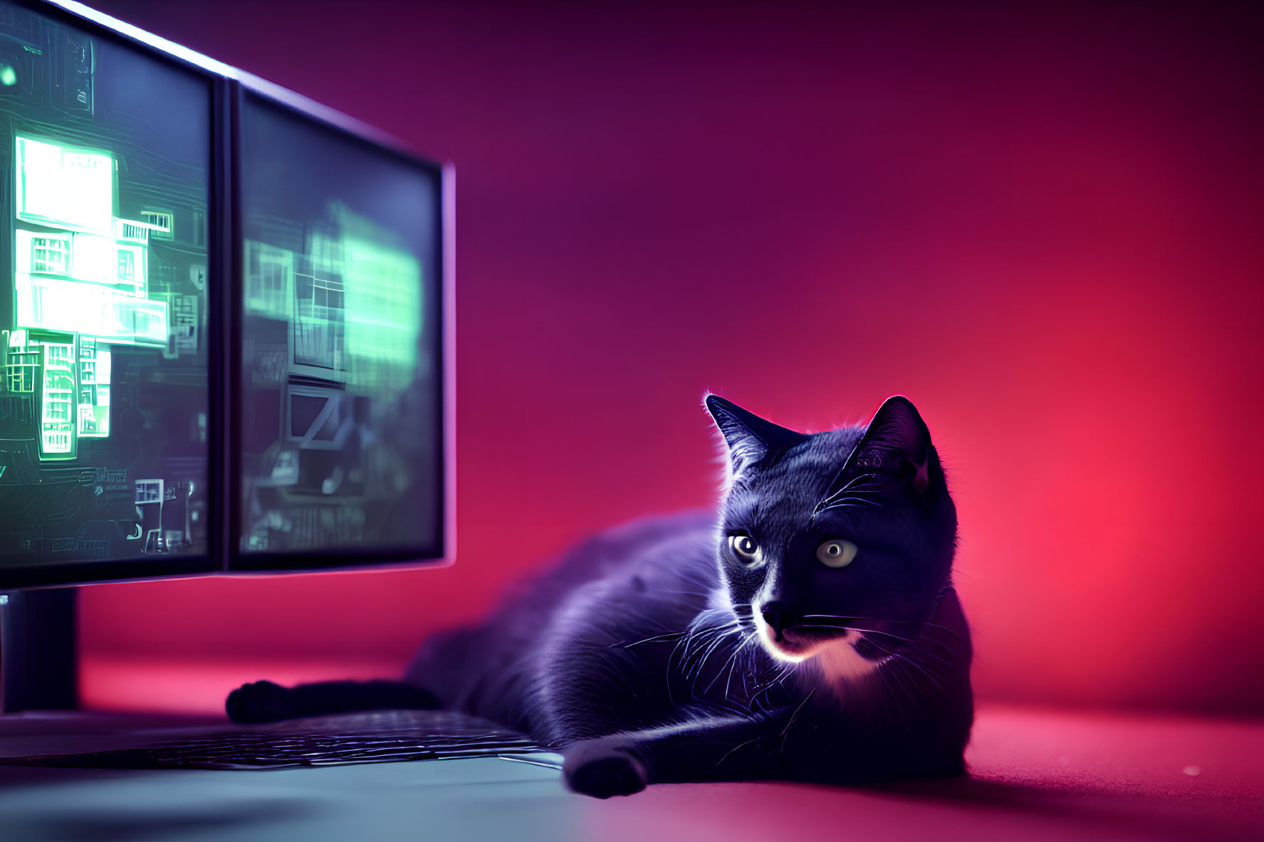 Black cat lounging in front of computer monitor with neon light and graphs