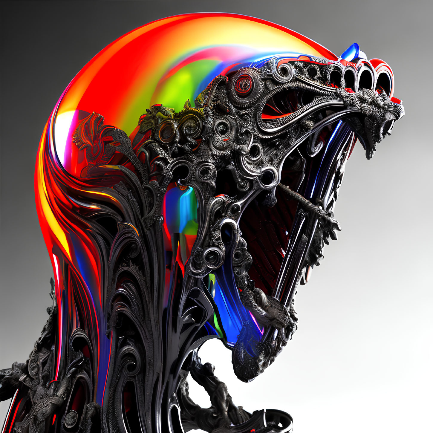 Colorful 3D illustration: biomechanical creature with rainbow mane and metallic structures