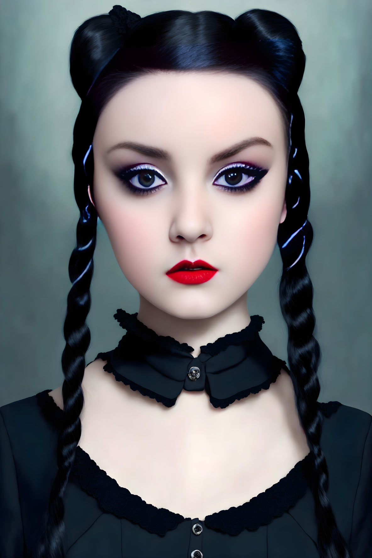 Digital Illustration: Woman with Pale Skin, Dark Hair, Purple Eye Makeup, and Red Lips