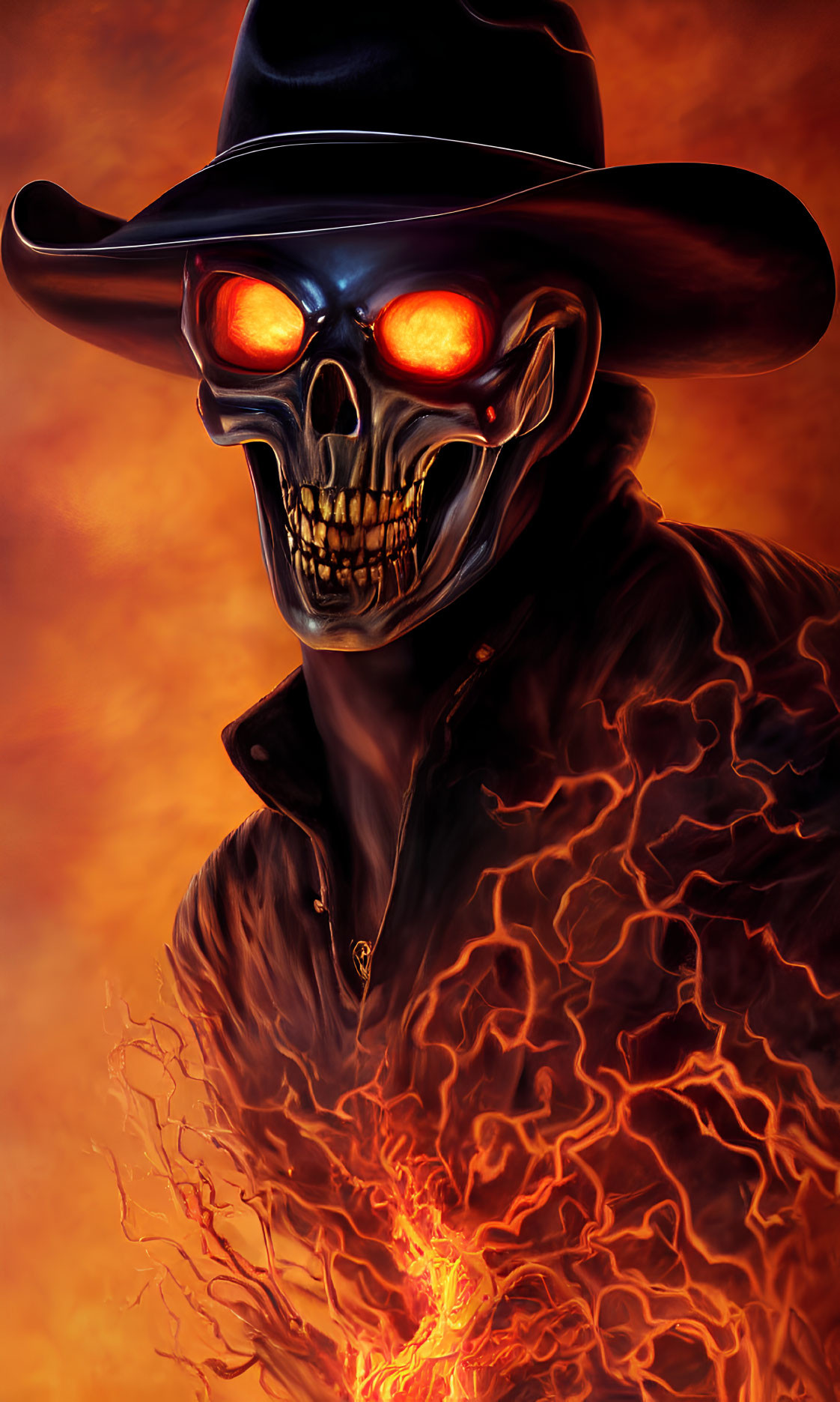 Glowing-eyed skull in wide-brimmed hat against fiery backdrop