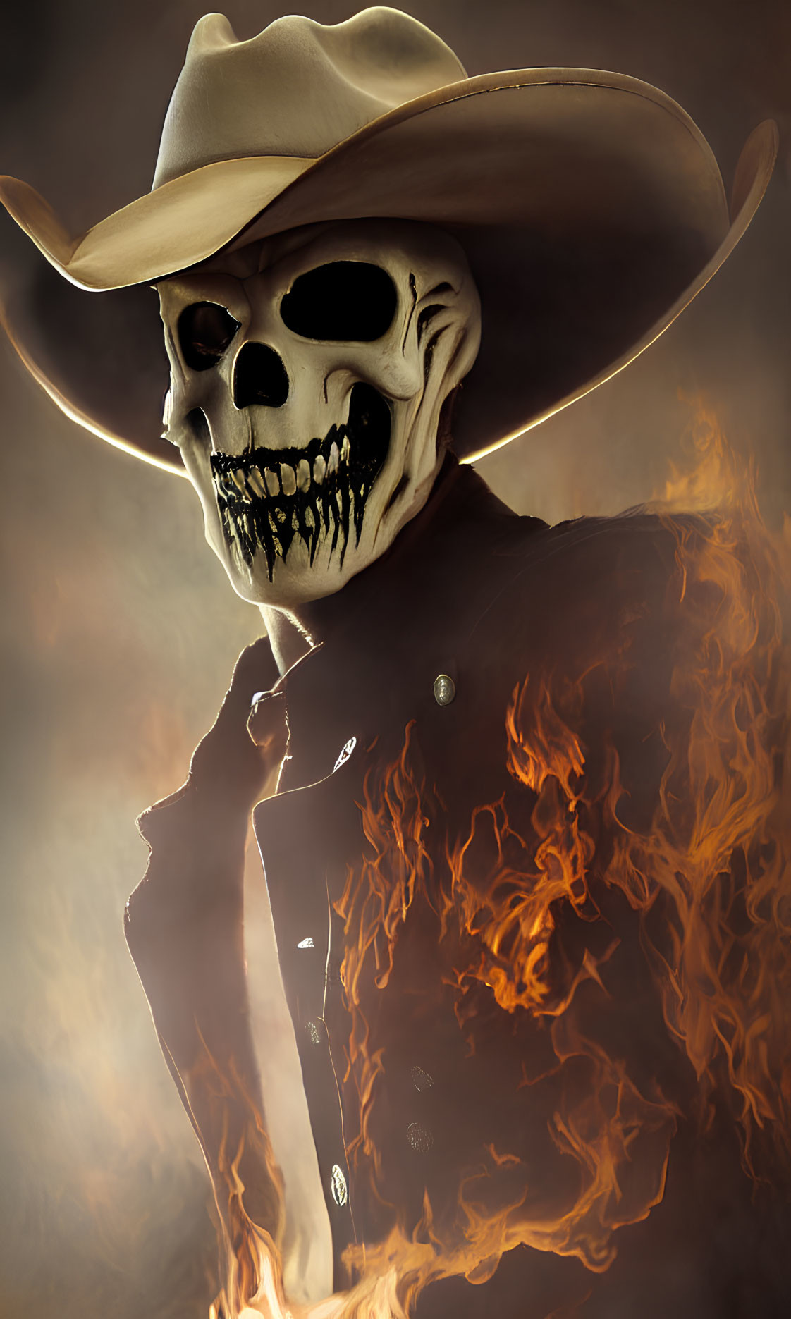 Skull-faced cowboy figure engulfed in flames