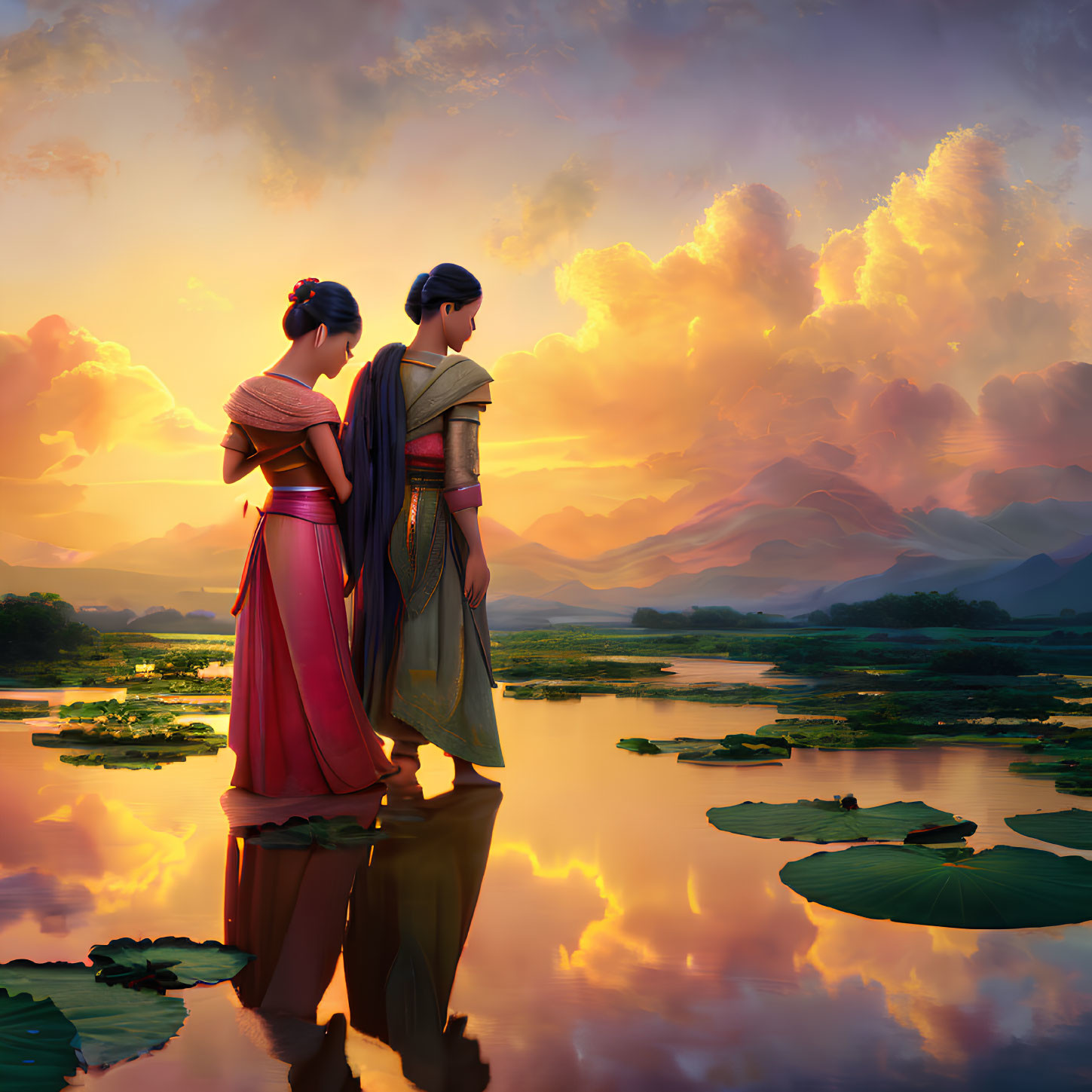 Traditional Attire Women by Lake at Sunset with Mountain Backdrop
