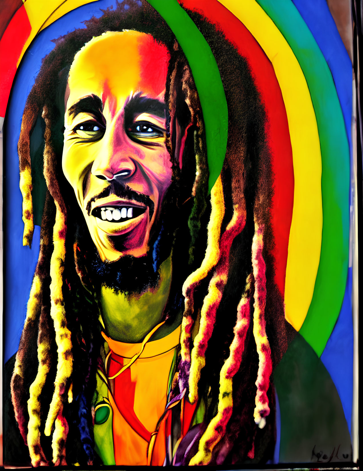 Colorful portrait with smiling person and dreadlocks against rainbow circles