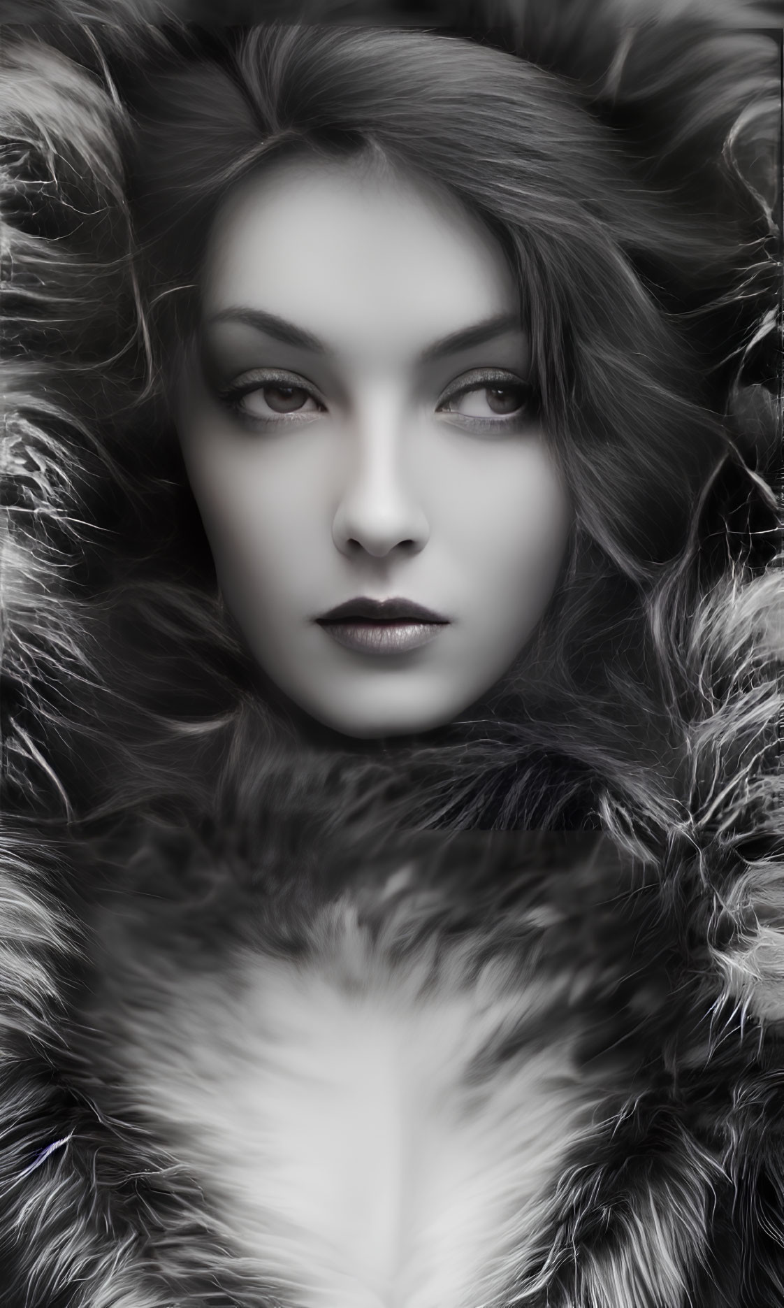 Monochrome portrait of woman in fur-like material