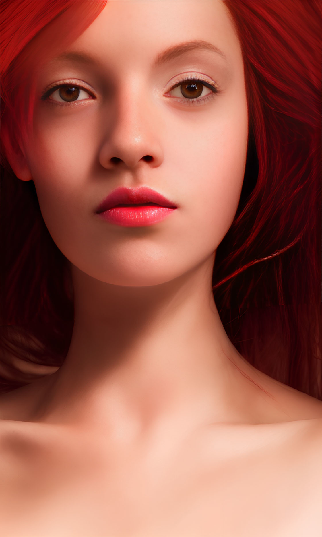 Portrait of a Woman with Red Hair, Amber Eyes, and Red Lips
