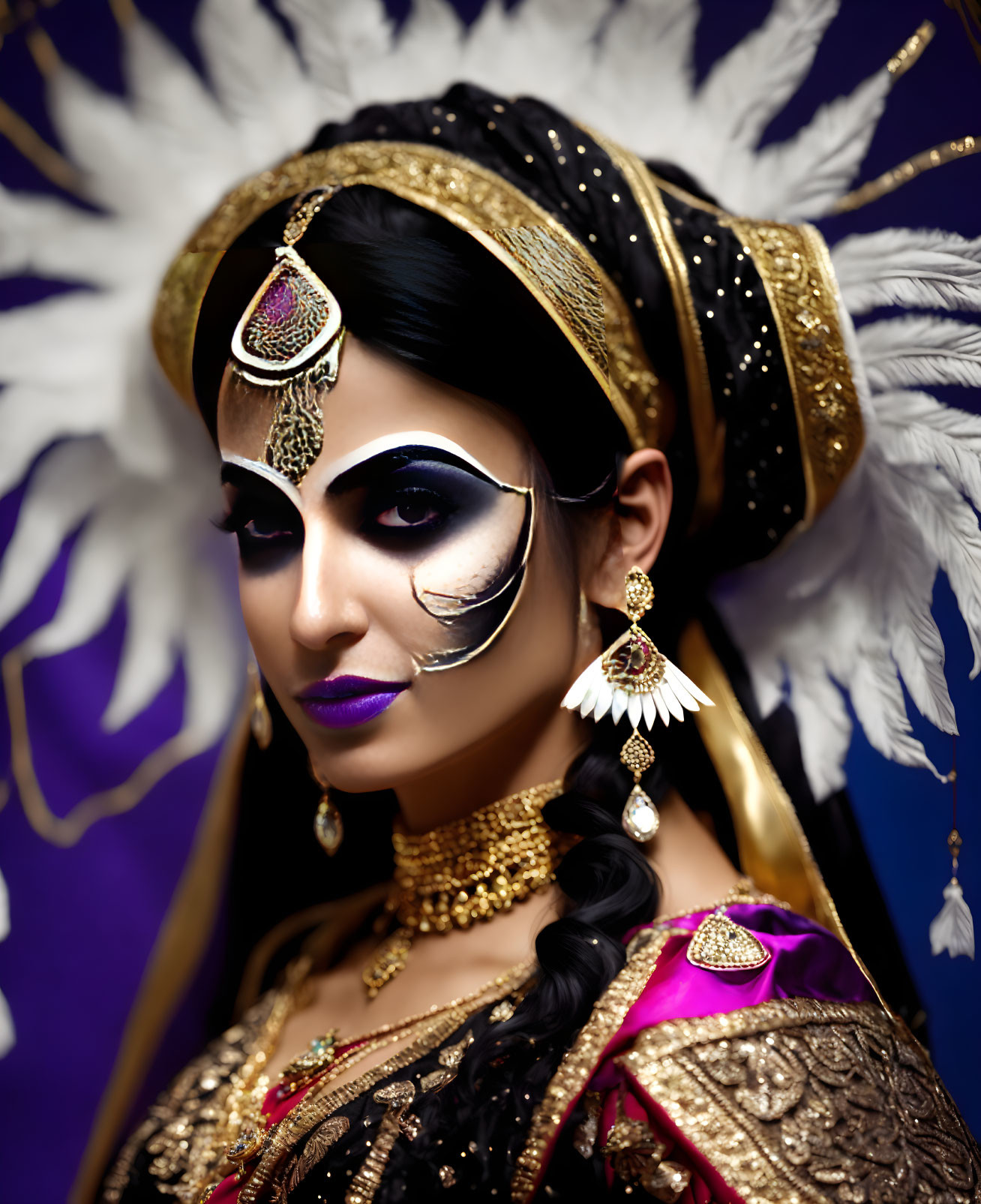 Woman in ornate headdress and dramatic makeup in traditional costume.