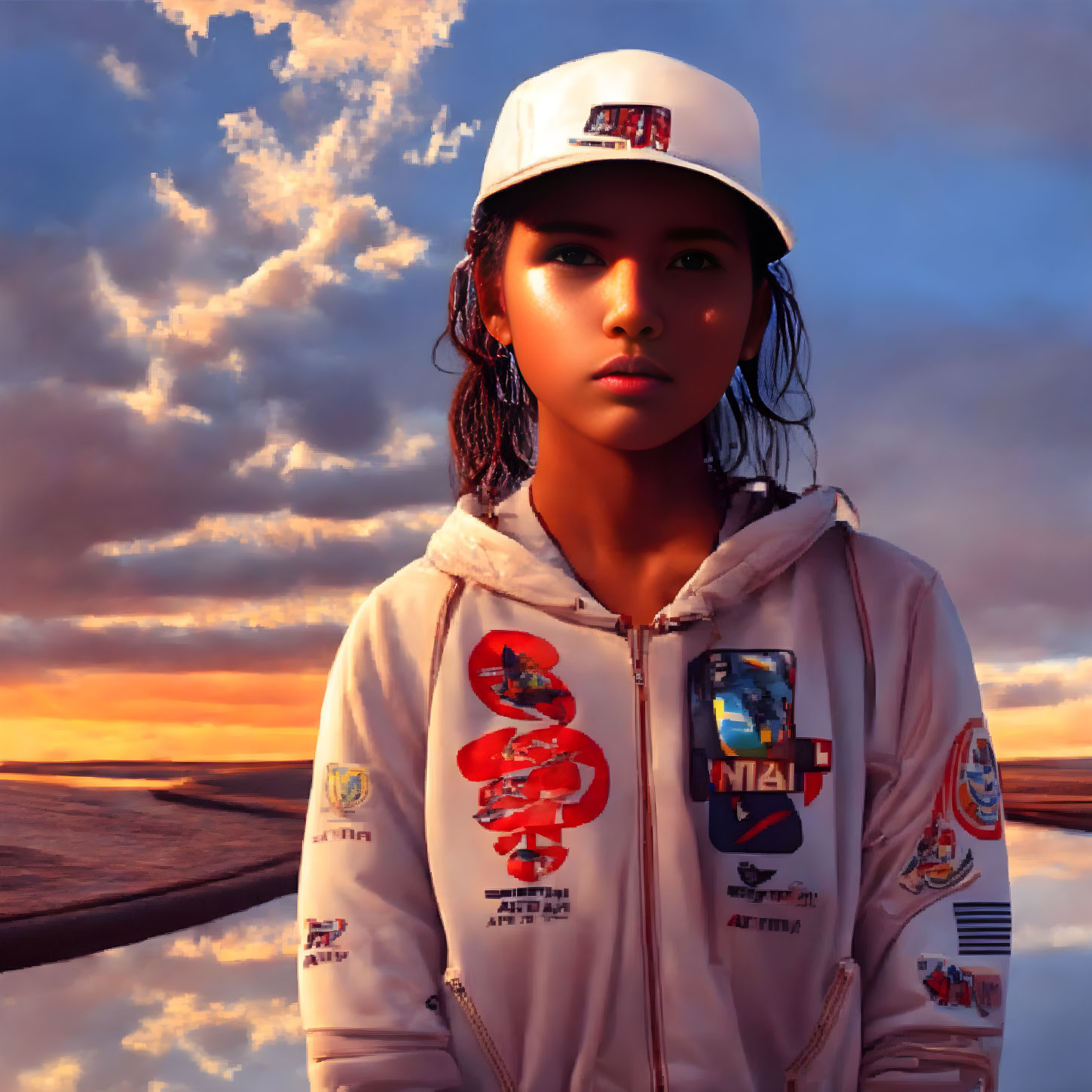 Young woman in white cap and hoodie under sunset sky