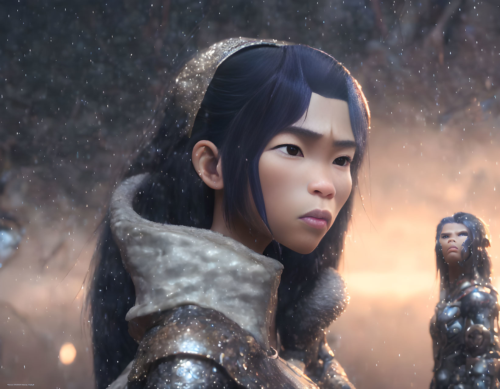 Close-up of digital artwork: Two Asian warrior women in armor with falling snowflakes.