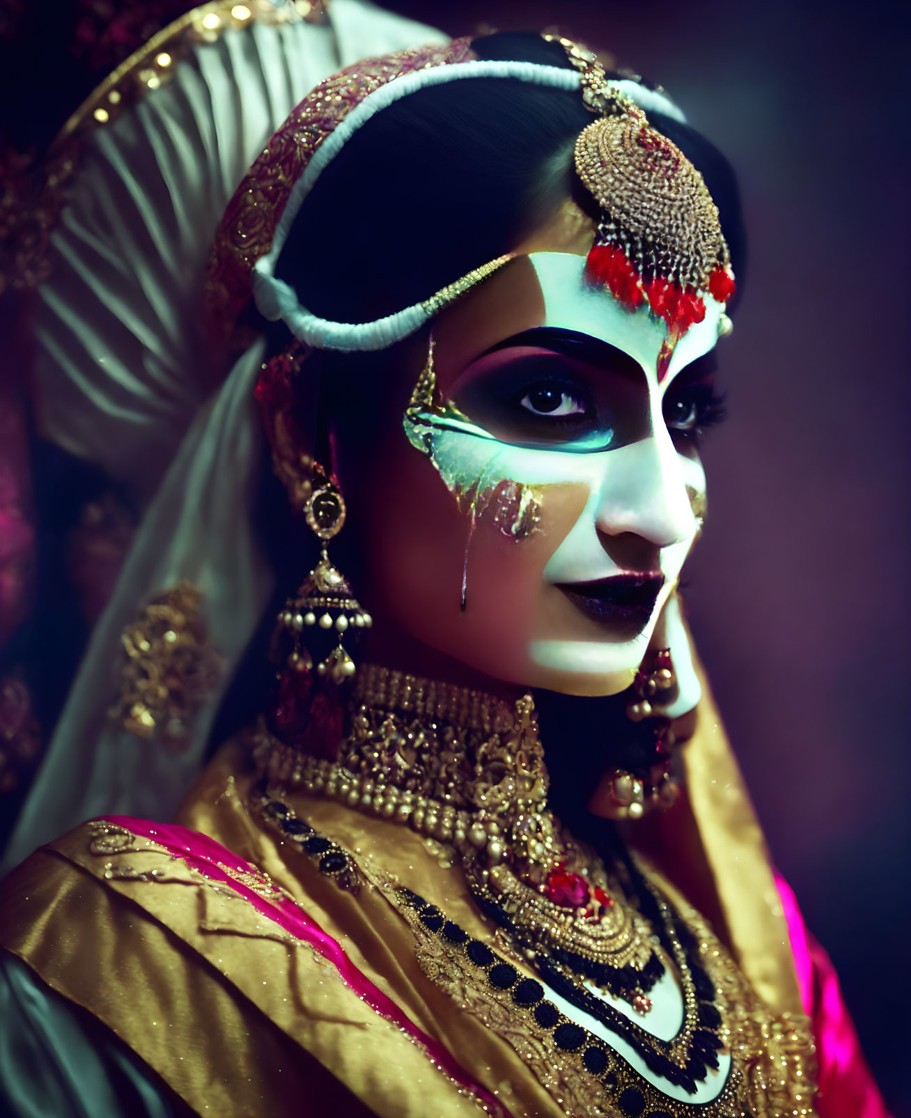 Traditional Indian Bridal Attire with Elaborate Gold Jewelry and Dramatic Eye Design