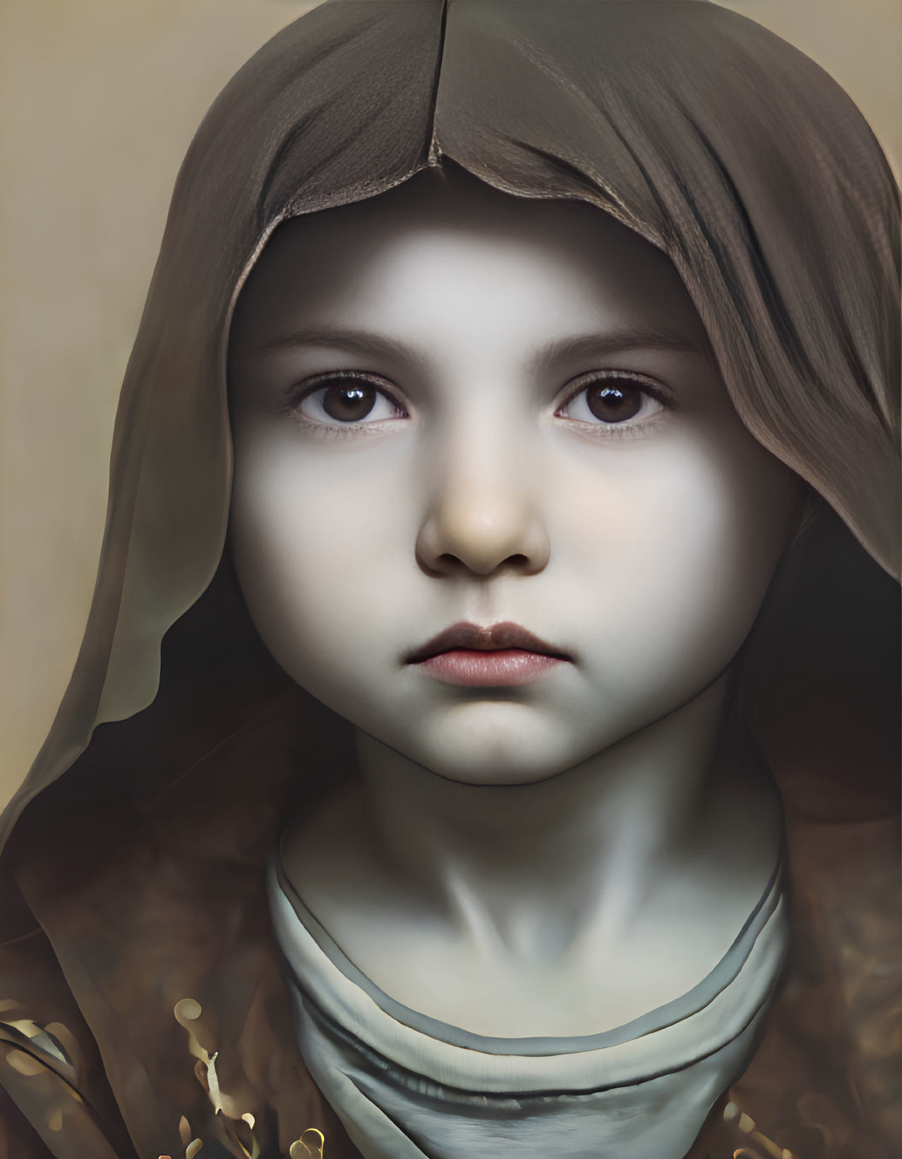 Digital art portrait of young girl with large, expressive eyes and draped head covering.