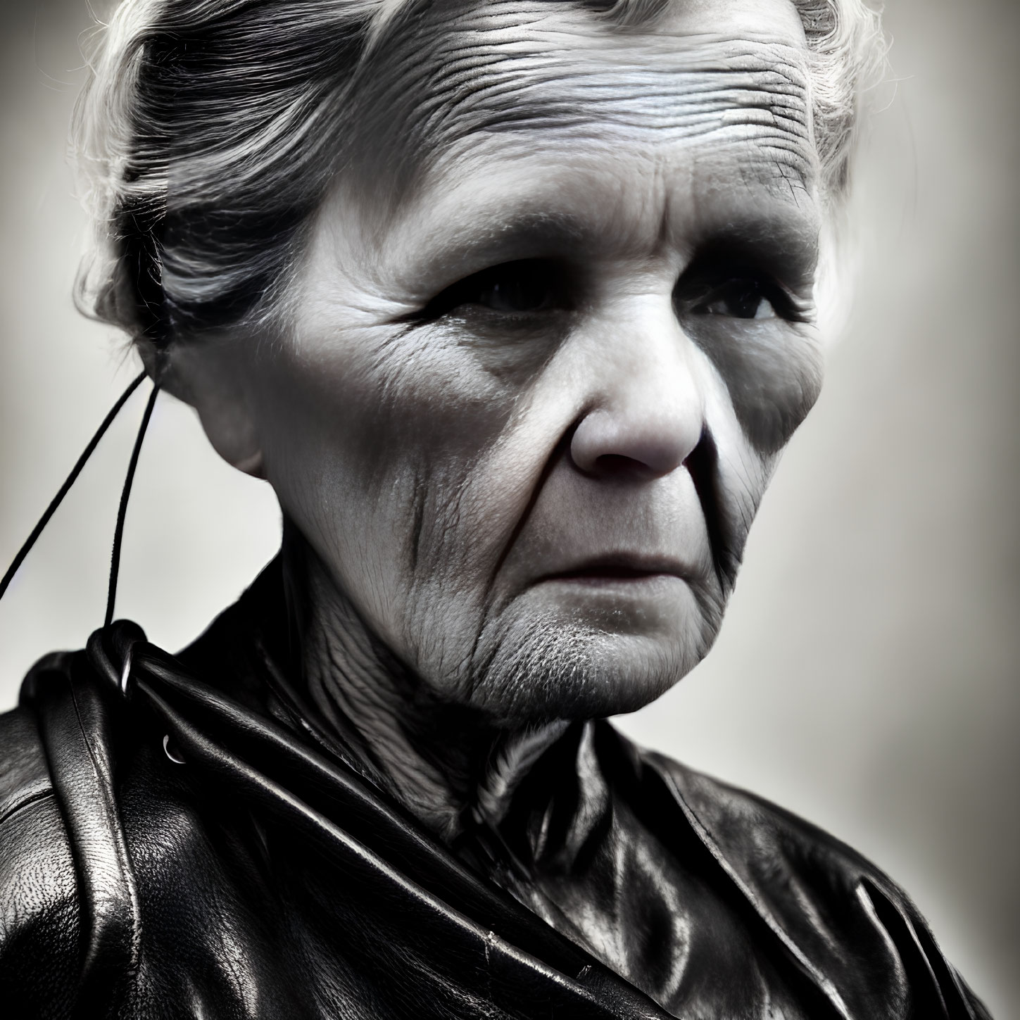 Detailed Close-Up of Elderly Woman in Black Leather Jacket