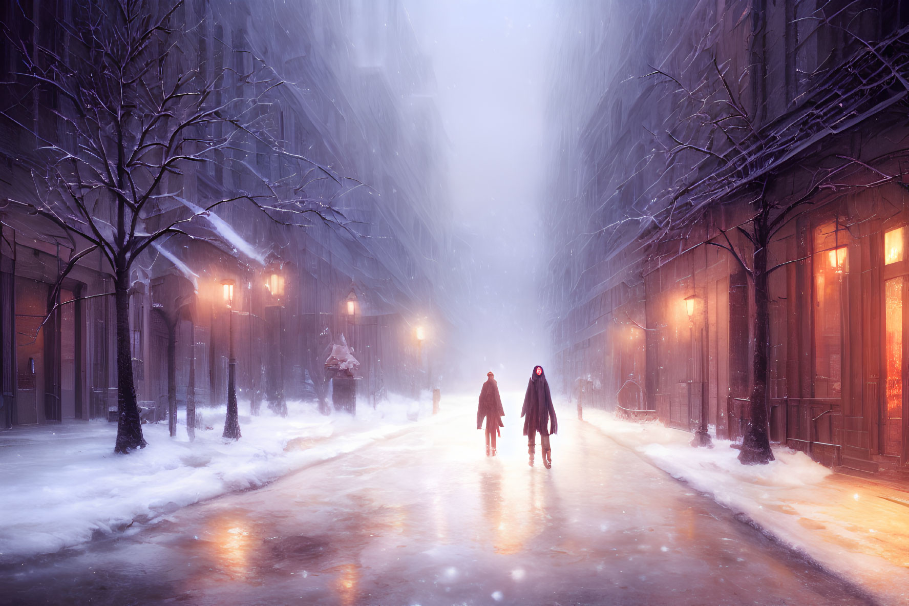 Couple walking in snow-covered city under purple sky