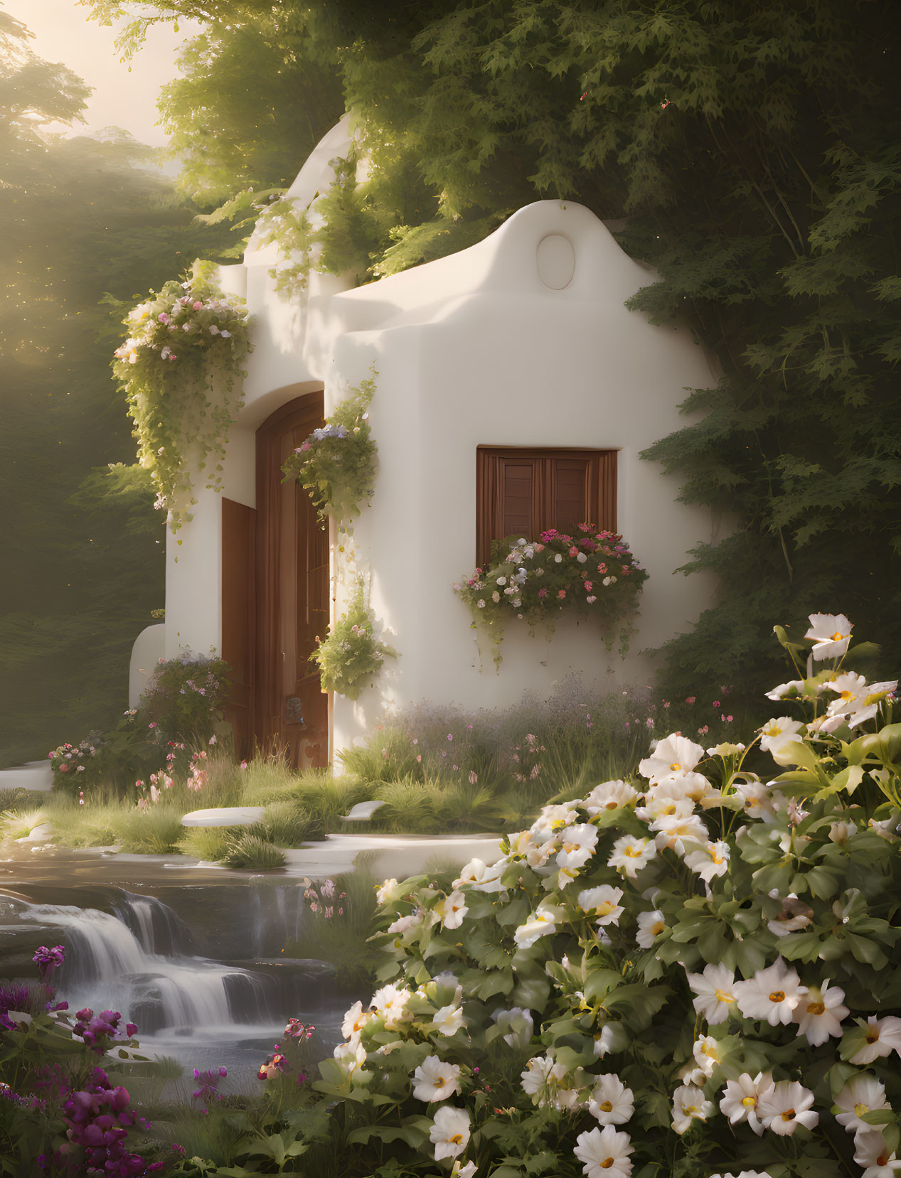 White cottage with rounded door in lush garden with waterfall