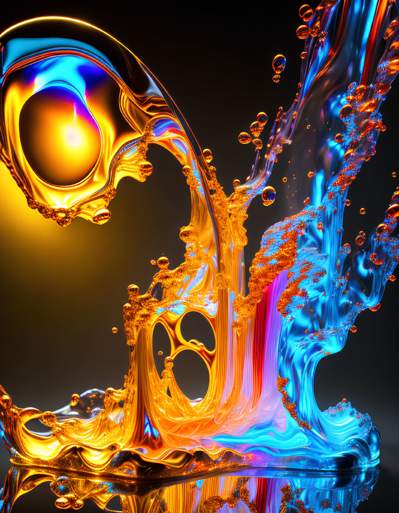 Colorful 3D rendering of dynamic liquid splash in blue and orange hues
