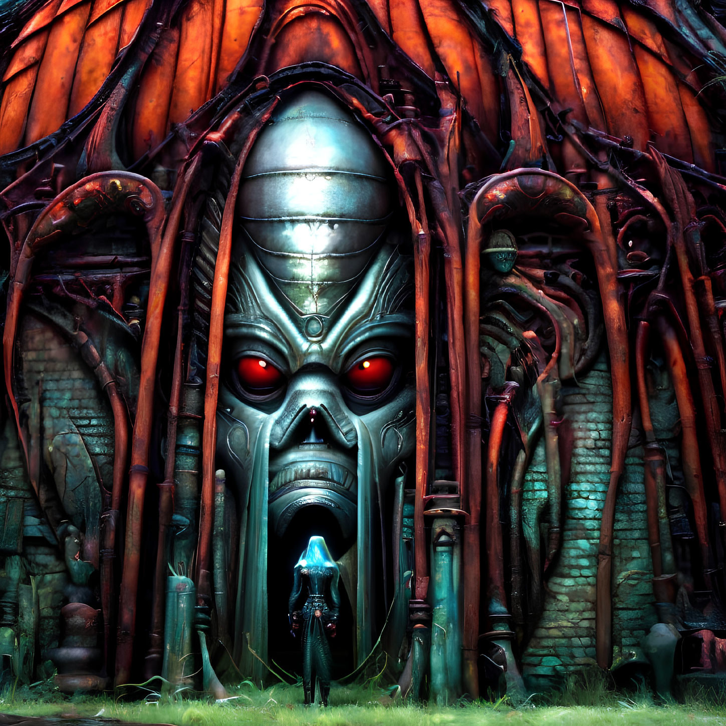 Mysterious alien structure with glowing red eyes and biomechanical design
