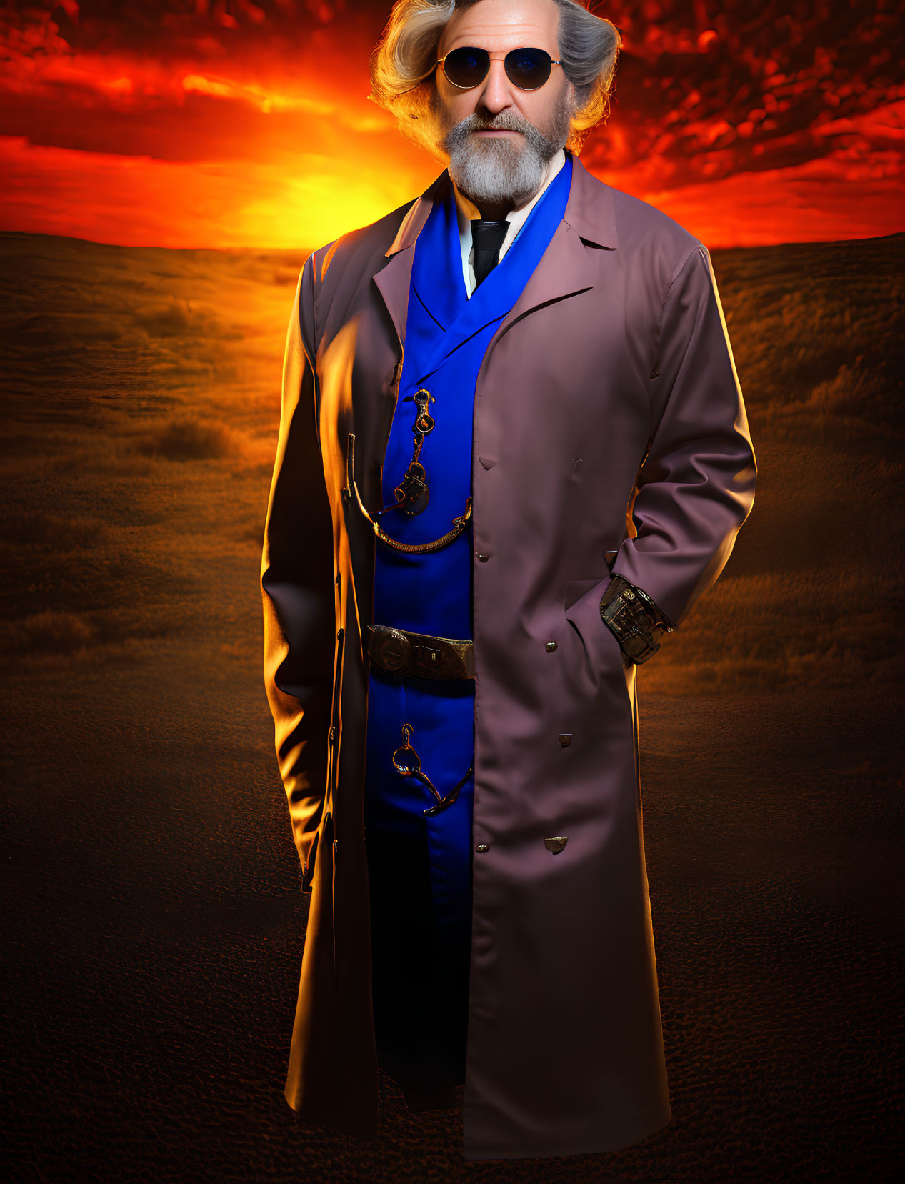 Man with Beard in Trench Coat & Blue Suit Artwork Against Sunset Desert