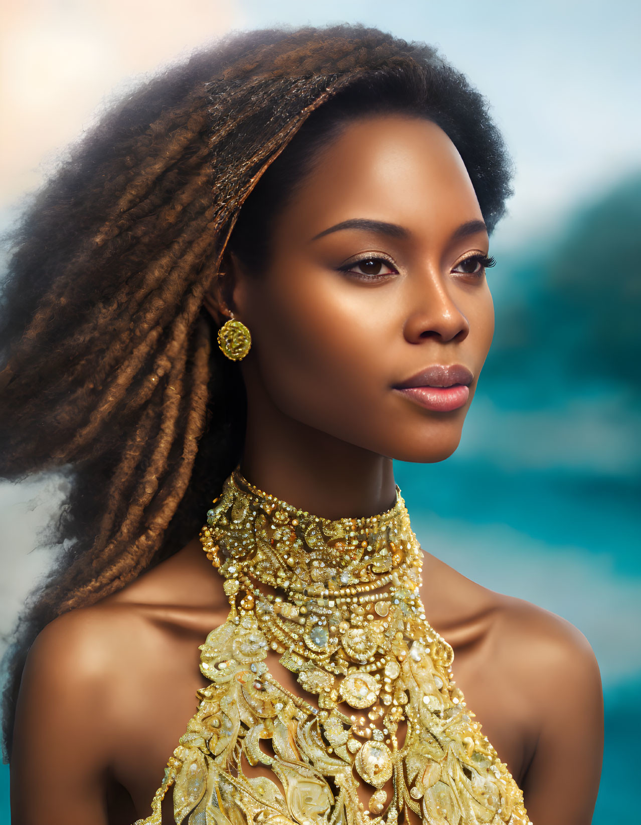 Long dreadlocked woman in golden jewelry against blurred background