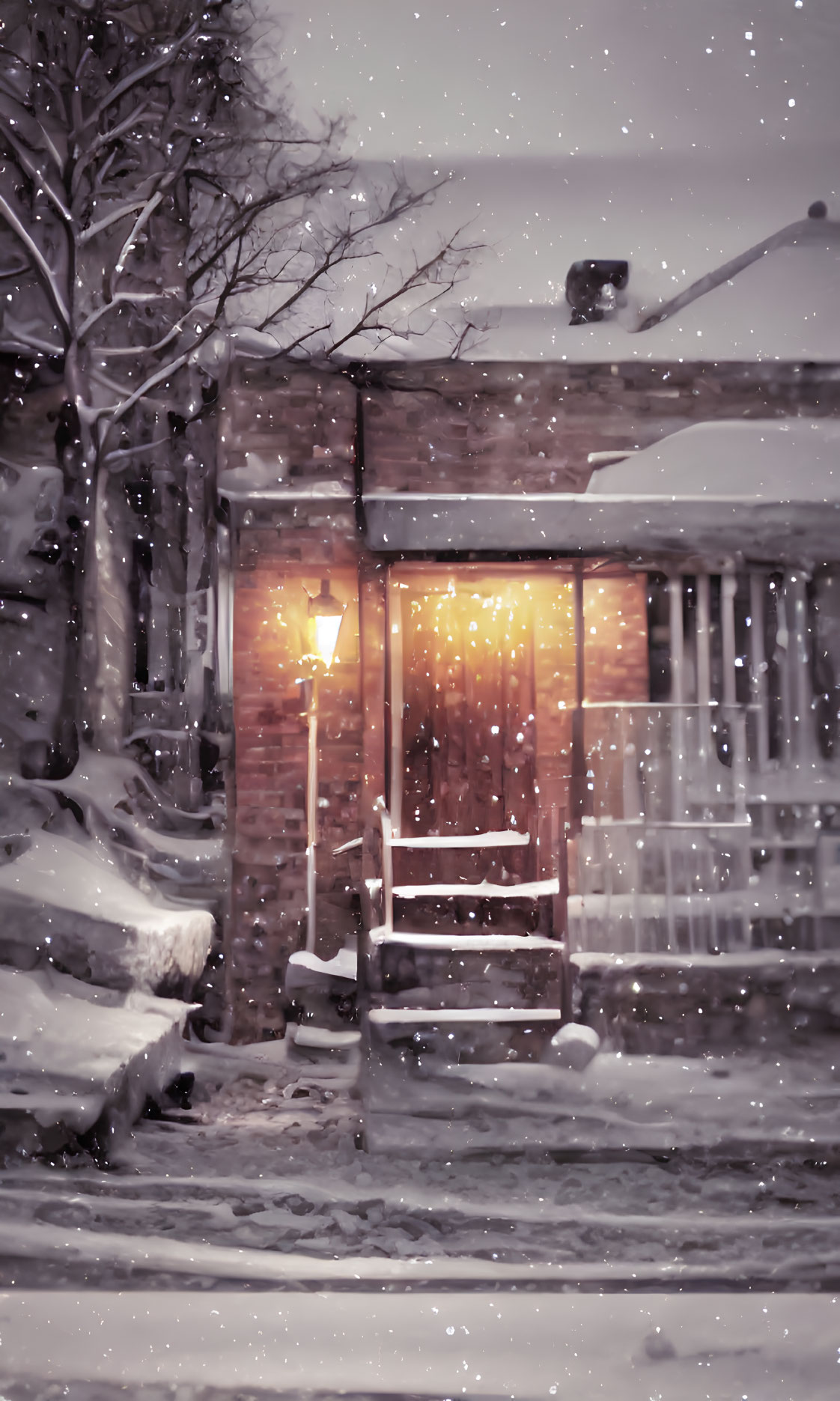 Snowy night house entrance with warm lighting